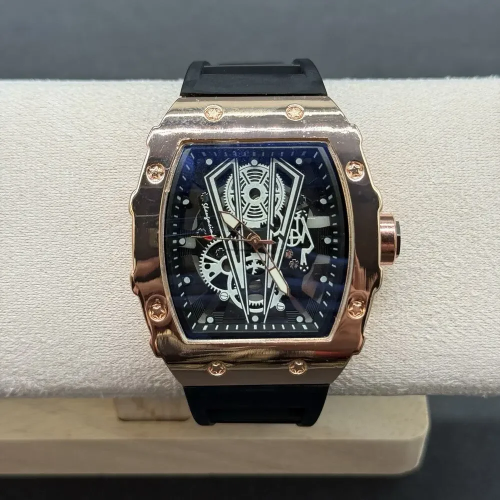Rose Gold Tone Tonneau Men's Watch Heavy Face Black Silicone Rubber Sport Band